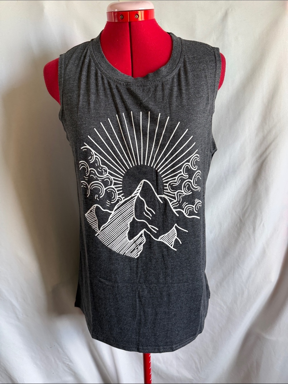 Women’s Charcoal Graphic Muscle Tank - Mountain Sunrise Design